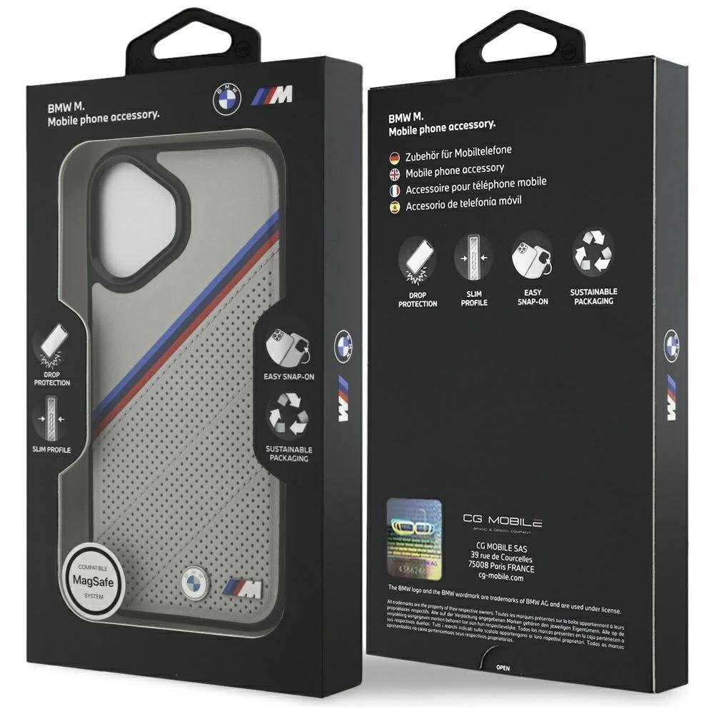 iPhone 17 dėklas BMW M Tricolor Metal Logo, MagSafe – pilkas 7