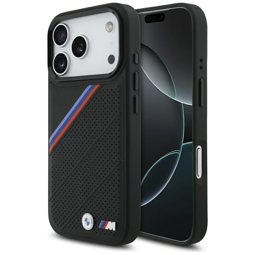 iPhone 17 Pro dėklas BMW M Tricolor Metal Logo, MagSafe – juodas