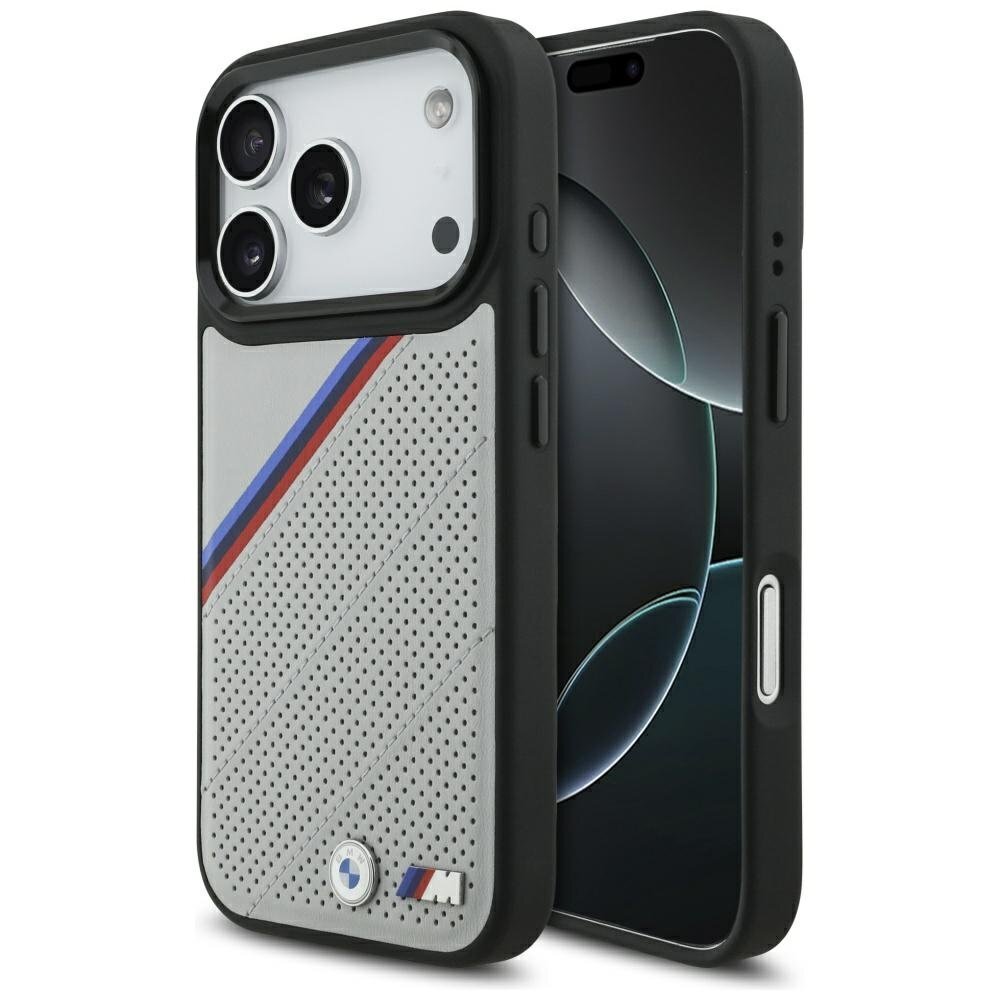 iPhone 17 Pro dėklas BMW M Tricolor Metal Logo su MagSafe – pilkas iPhone 17 Pro dėklas BMW M Tricolor Metal Logo su MagSafe – pilkas