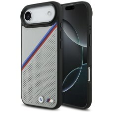iPhone 17 Air dėklas BMW M Tricolor Metal Logo, MagSafe – pilkas