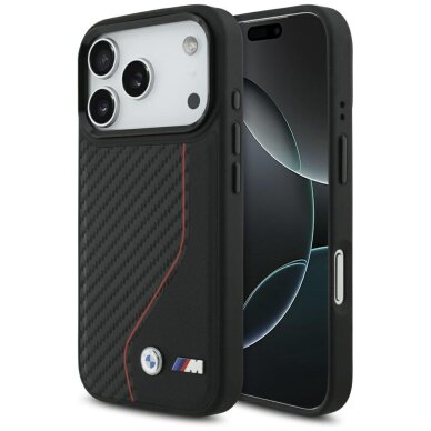 iPhone 17 Pro dėklas BMW M Carbon Line & Logo, MagSafe – raudonas iPhone 17 Pro dėklas BMW M Carbon Line & Logo, MagSafe – raudonas