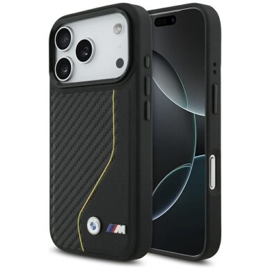 iPhone 17 Pro dėklas BMW M Carbon Line & Logo MagSafe – geltonas iPhone 17 Pro dėklas BMW M Carbon Line & Logo MagSafe – geltonas