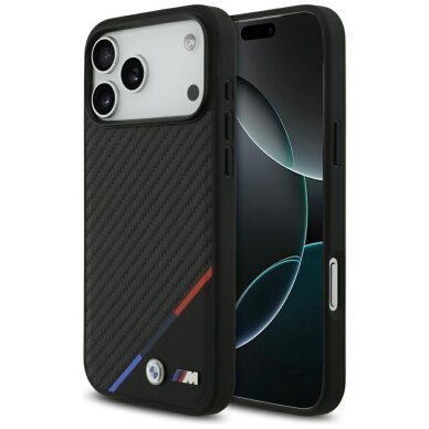 iPhone 17 Pro Max BMW M Carbon Tricolor Line MagSafe dėklas – juodas iPhone 17 Pro Max BMW M Carbon Tricolor Line MagSafe dėklas – juodas