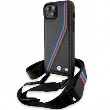 Originalus BMW dėklas M Edition Carbon Tricolor Lines & StrapiPhone 15 / 14 / 13 - juodas Originalus BMW dėklas M Edition Carbon Tricolor Lines & StrapiPhone 15 / 14 / 13 - juodas
