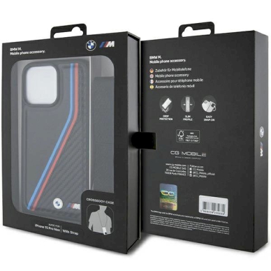 Originalus BMW dėklas M Edition Carbon Tricolor Lines & StrapiPhone 15 Pro Max - juodas 6 Originalus BMW dėklas M Edition Carbon Tricolor Lines & StrapiPhone 15 Pro Max - juodas 6