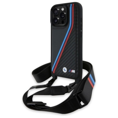 Orginalus BMW Dėklas M Edition Carbon Tricolor Lines Strap iPhone 16 Pro - Juodas Orginalus BMW Dėklas M Edition Carbon Tricolor Lines Strap iPhone 16 Pro - Juodas