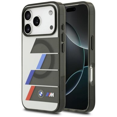 iPhone 17 Pro Max BMW M IML Metal Buttons Tricolor Lines MagSafe dėklas – pilkas