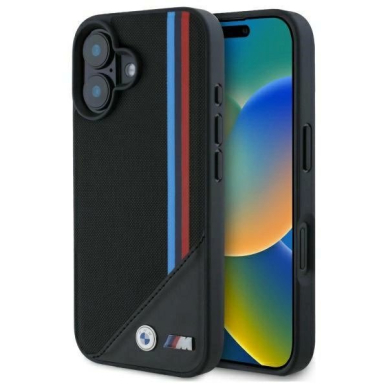 iPhone 16 BMW M Meshed Tricolor Stripes MagSafe dėklas - juodas