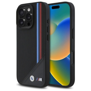 iPhone 16 Pro BMW M tinklelis MagSafe dėklas su trispalvėmis juostelėmis – juodas