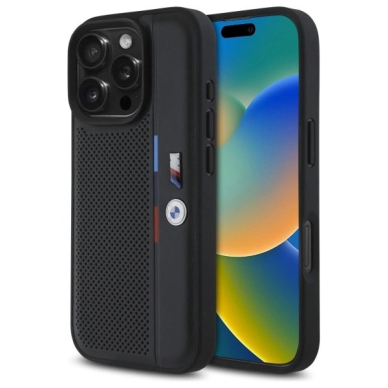 iPhone 16 Pro Max BMW M Perforated Tricolor Detail Line dėklas – juodas iPhone 16 Pro Max BMW M Perforated Tricolor Detail Line dėklas – juodas