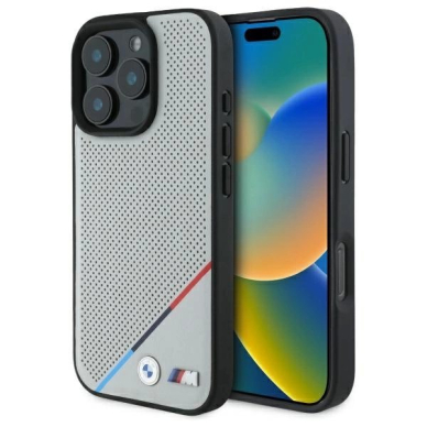 Orginalus BMW Dėklas M Perforated Tricolor Line MagSafe  iPhone 16 Pro Max - Pilkas Orginalus BMW Dėklas M Perforated Tricolor Line MagSafe  iPhone 16 Pro Max - Pilkas