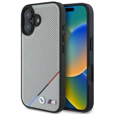 iPhone 16 – BMW M Perforated Tricolor Line MagSafe dėklas - Pilkas