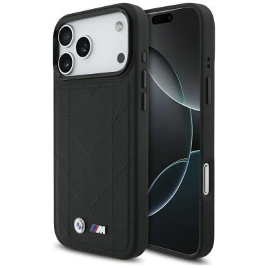 iPhone 17 Pro Max dėklas BMW M Quilted Logo su MagSafe – juodas iPhone 17 Pro Max dėklas BMW M Quilted Logo su MagSafe – juodas