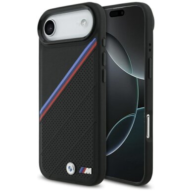 iPhone 17 Air dėklas BMW M Tricolor Metal Logo, MagSafe – juodas