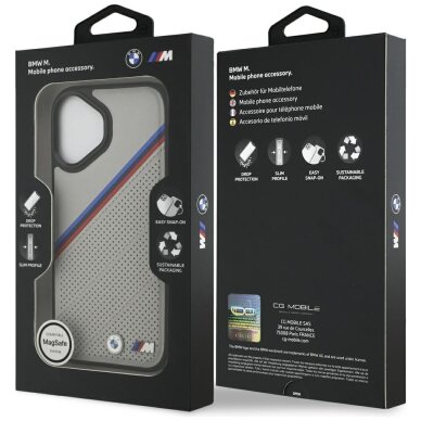 iPhone 17 dėklas BMW M Tricolor Metal Logo, MagSafe – pilkas 7