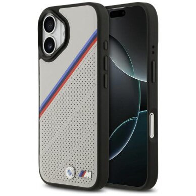 iPhone 17 dėklas BMW M Tricolor Metal Logo, MagSafe – pilkas