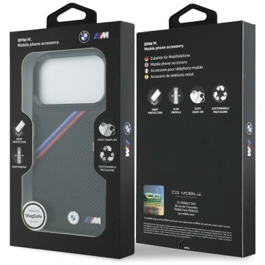iPhone 17 Pro dėklas BMW M Tricolor Metal Logo, MagSafe – juodas 7