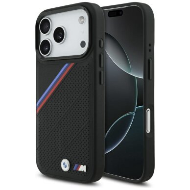 iPhone 17 Pro dėklas BMW M Tricolor Metal Logo, MagSafe – juodas