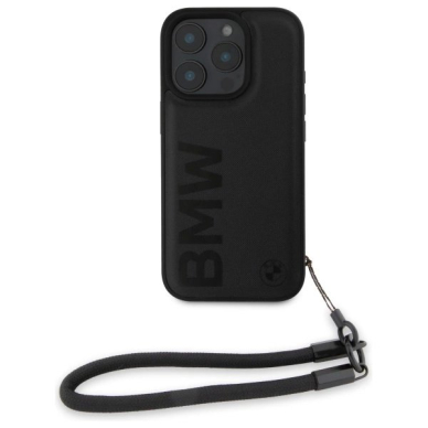 iPhone 16 Pro Max BMW Signature Leather Wordmark Cord dėklas - juodas 1