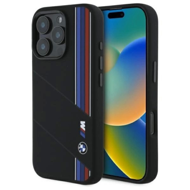 Orginalus BMW Dėklas Silicone Cut Tricolor Lines MagSafe iPhone 16 Pro Max - Juodas Orginalus BMW Dėklas Silicone Cut Tricolor Lines MagSafe iPhone 16 Pro Max - Juodas