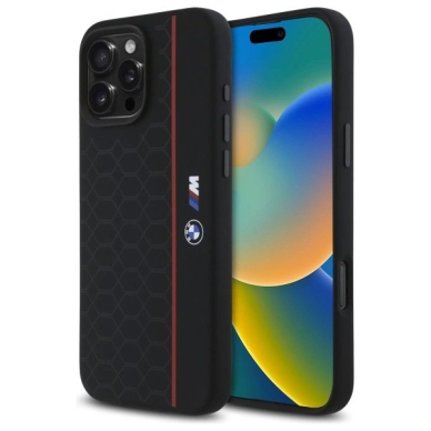 Orginalus BMW Dėklas Silicone Hexagon Red Line MagSafe  iPhone 16 Pro Max - Juodas Orginalus BMW Dėklas Silicone Hexagon Red Line MagSafe  iPhone 16 Pro Max - Juodas