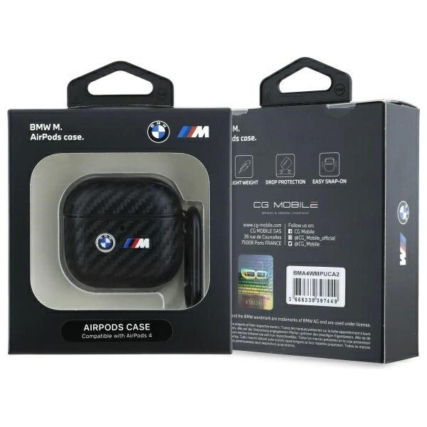 AirPods 4 BMW Carbon Double Metal Logo dėklas - juodas 2 AirPods 4 BMW Carbon Double Metal Logo dėklas - juodas 2