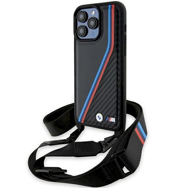 Originalus BMW dėklas M Edition Carbon Tricolor Lines & StrapiPhone 15 Pro - juodas Originalus BMW dėklas M Edition Carbon Tricolor Lines & StrapiPhone 15 Pro - juodas