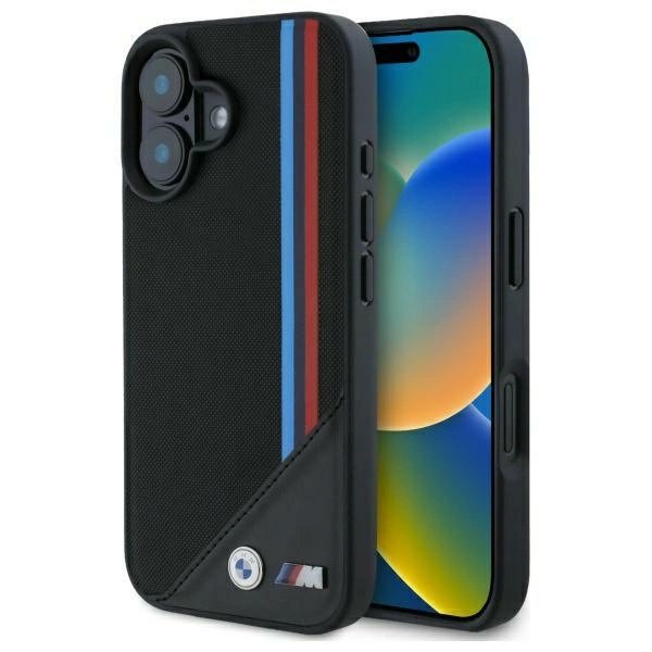 iPhone 16 BMW M Meshed Tricolor Stripes MagSafe dėklas - juodas iPhone 16 BMW M Meshed Tricolor Stripes MagSafe dėklas - juodas