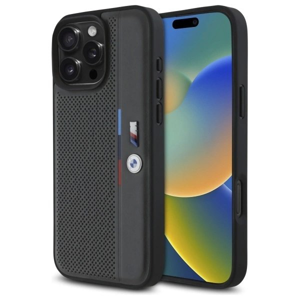 iPhone 16 Pro – BMW M Perforated Tricolor Detail Line dėklas - Tamsiai pilkas