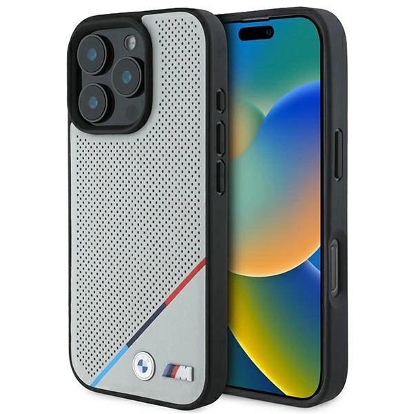 iPhone 16 Pro – BMW M Perforated Tricolor Line MagSafe dėklas - Pilkas iPhone 16 Pro – BMW M Perforated Tricolor Line MagSafe dėklas - Pilkas
