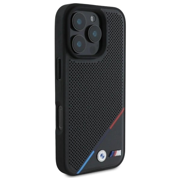 Orginalus BMW Dėklas M Perforated Tricolor Line MagSafe  iPhone 16 Pro Max - Juodas 3 Orginalus BMW Dėklas M Perforated Tricolor Line MagSafe  iPhone 16 Pro Max - Juodas 3