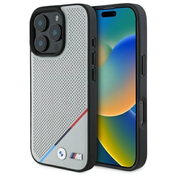 Orginalus BMW Dėklas M Perforated Tricolor Line MagSafe  iPhone 16 Pro Max - Pilkas Orginalus BMW Dėklas M Perforated Tricolor Line MagSafe  iPhone 16 Pro Max - Pilkas