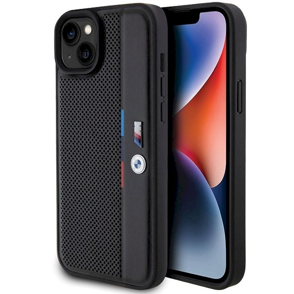 Originalus BMW dėklas Perforated Tricolor LineiPhone 15 Plus / 14 Plus - juodas Originalus BMW dėklas Perforated Tricolor LineiPhone 15 Plus / 14 Plus - juodas