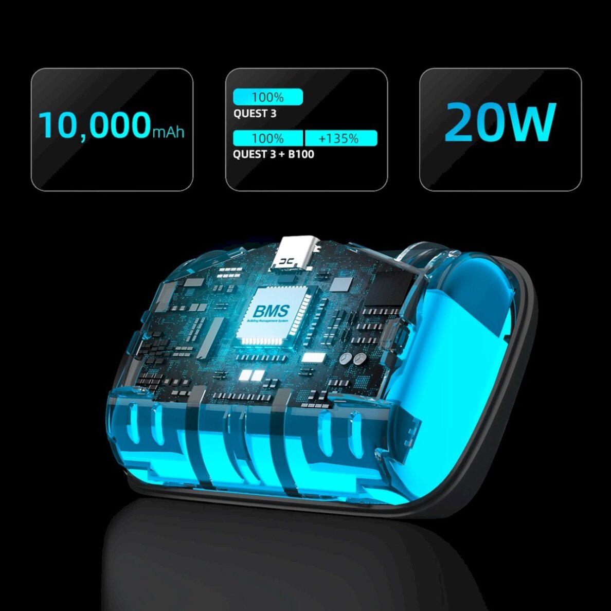 VR dirželis BoboVR S3 Pro su apkrovos paskirstymu Meta Quest 3 akiniams + B100 išorine baterija – baltas ir juodas 6