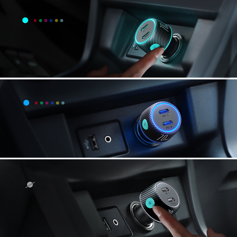 Car charger 2x USB C 70W with LED backlight Joyroom JR-CCN02 | Juodas 6 Car charger 2x USB C 70W with LED backlight Joyroom JR-CCN02 | Juodas 6