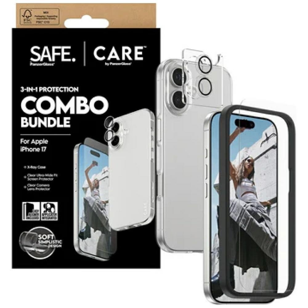 iPhone 17 CARE by PanzerGlass stilingas 3in1 rinkinys (dėklas + stiklas + kameros apsauga)