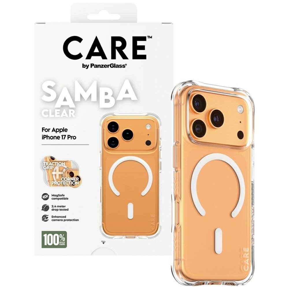 iPhone 17 Pro CARE by PanzerGlass stilingas Samba dėklas su baltu MagSafe – skaidrus 3