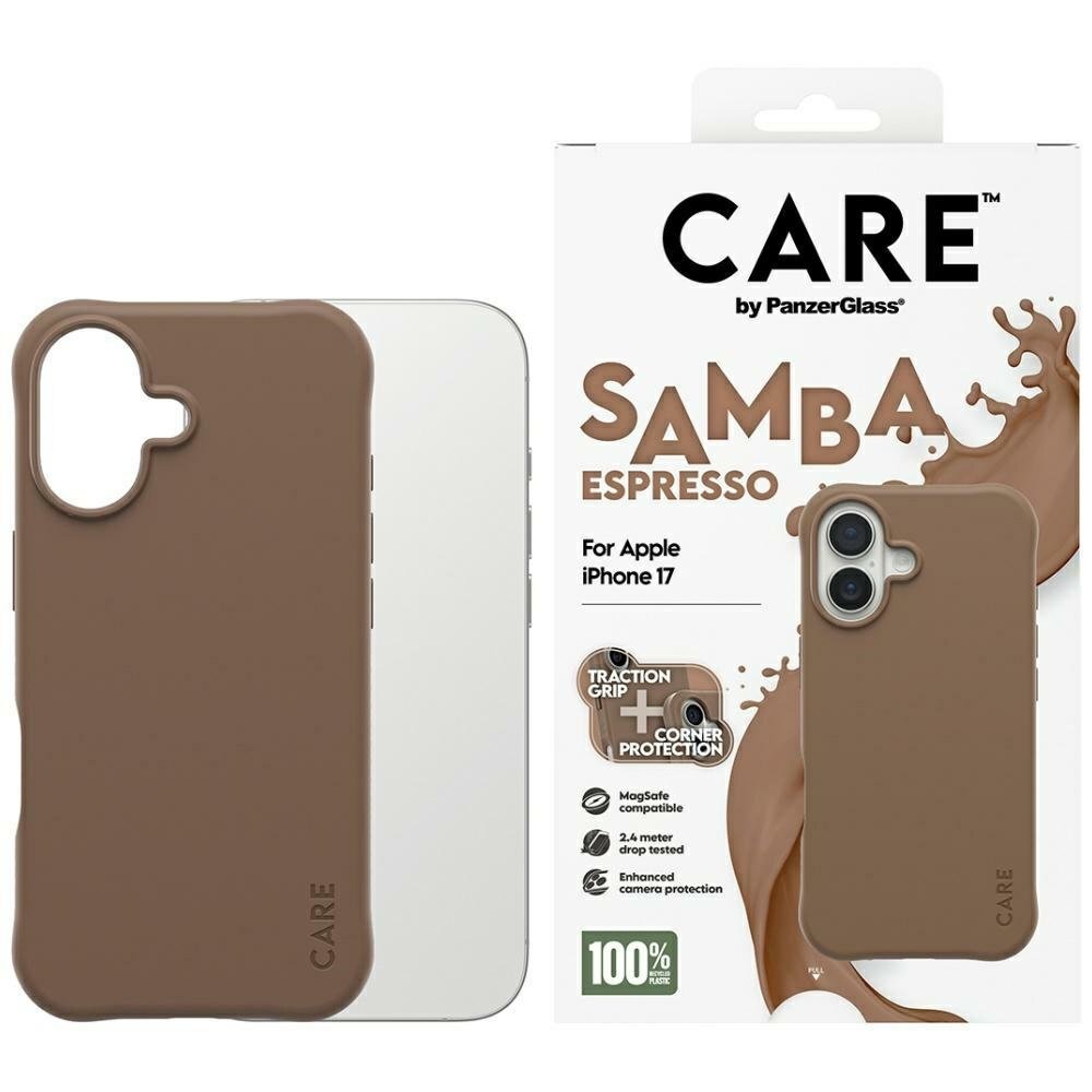 iPhone 17 dėklas CARE by PanzerGlass Fashionable Samba, MagSafe – rudas iPhone 17 dėklas CARE by PanzerGlass Fashionable Samba, MagSafe – rudas