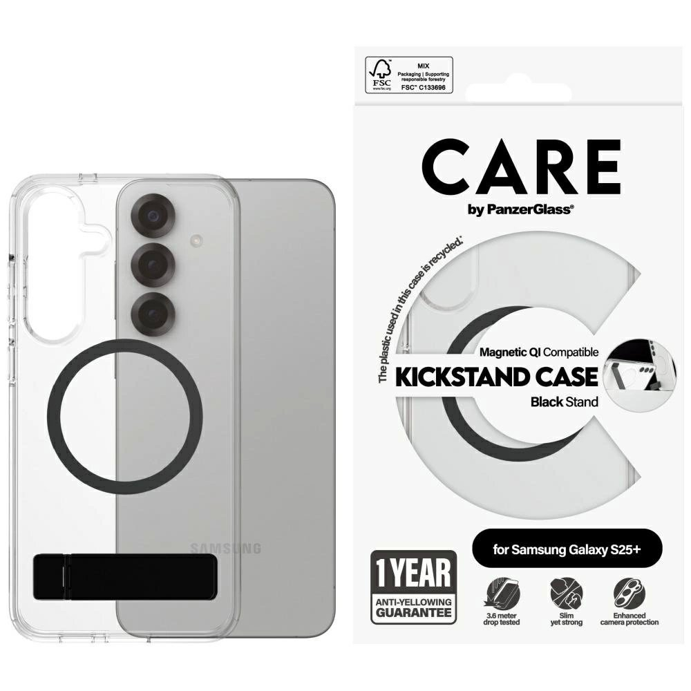CARE by PanzerGlass Feature Juodas Kickstand QI Dėklas Samsung Galaxy S25+ - Permatomas CARE by PanzerGlass Feature Juodas Kickstand QI Dėklas Samsung Galaxy S25+ - Permatomas