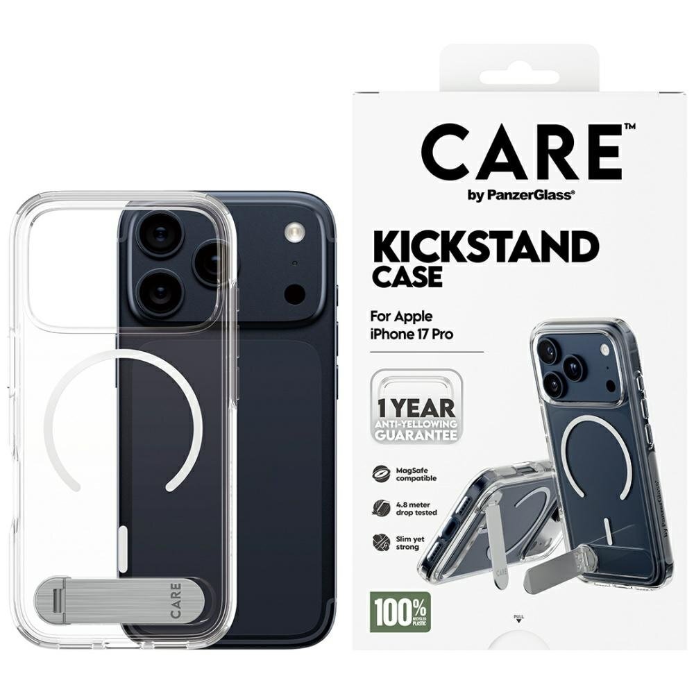 iPhone 17 Pro CARE by PanzerGlass Feature dėklas su atrama ir MagSafe – skaidrus iPhone 17 Pro CARE by PanzerGlass Feature dėklas su atrama ir MagSafe – skaidrus