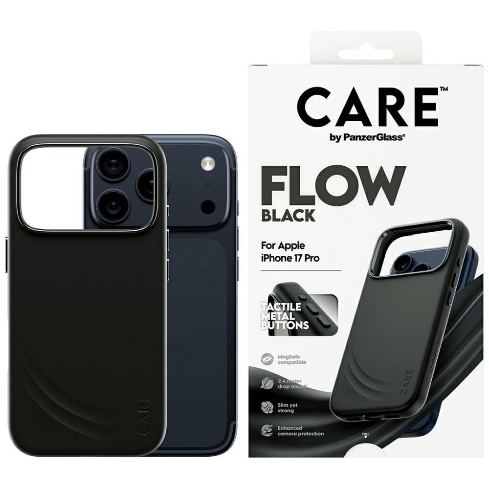 iPhone 17 Pro dėklas CARE by PanzerGlass Feature FLOW, MagSafe – juodas iPhone 17 Pro dėklas CARE by PanzerGlass Feature FLOW, MagSafe – juodas