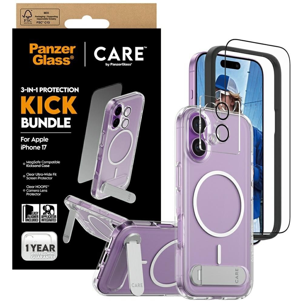 iPhone 17 CARE by PanzerGlass Feature Kick 3in1 rinkinys (dėklas + stiklas + kameros apsauga) 3