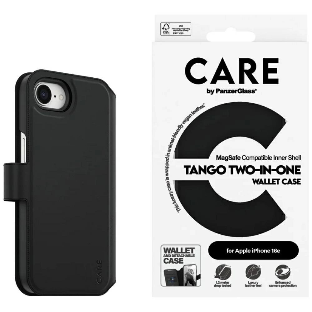 iPhone 16e CARE by PanzerGlass Feature Tango 2in1 Wallet dėklas - juodas