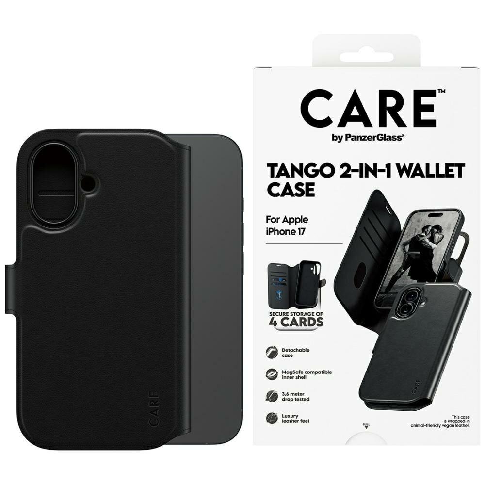 iPhone 17 CARE by PanzerGlass Feature Tango 2in1 Wallet MagSafe dėklas – juodas iPhone 17 CARE by PanzerGlass Feature Tango 2in1 Wallet MagSafe dėklas – juodas