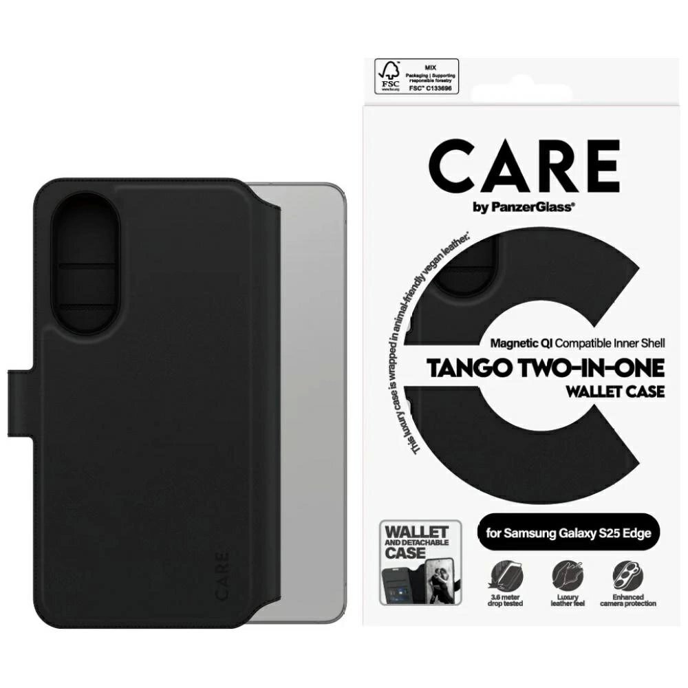 Samsung Galaxy S25 Edge dėklas CARE by PanzerGlass Feature Tango 2in1 Wallet Qi – juodas Samsung Galaxy S25 Edge dėklas CARE by PanzerGlass Feature Tango 2in1 Wallet Qi – juodas