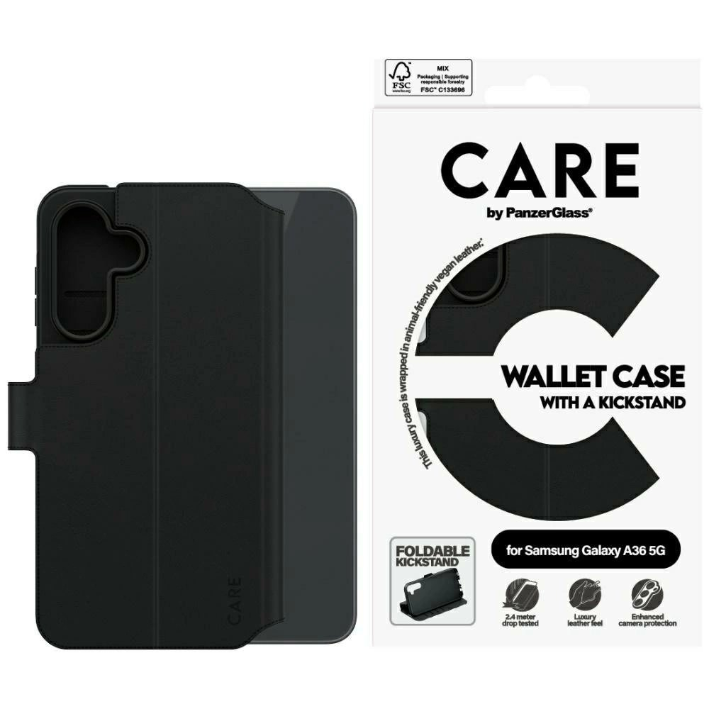 Samsung Galaxy A36 5G – CARE by PanzerGlass Feature Wallet Kickstand dėklas - Juodas Samsung Galaxy A36 5G – CARE by PanzerGlass Feature Wallet Kickstand dėklas - Juodas