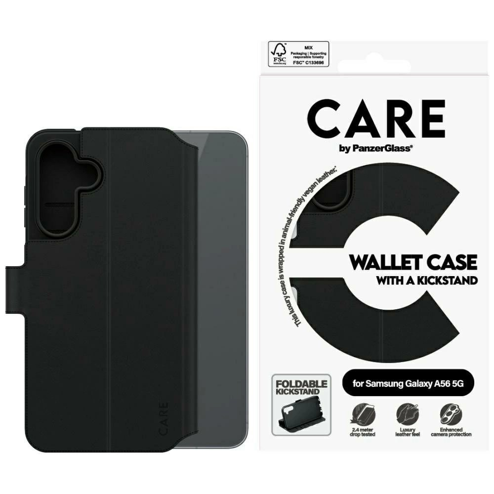 Samsung Galaxy A56 5G – CARE by PanzerGlass Feature Wallet Kickstand dėklas - Juodas