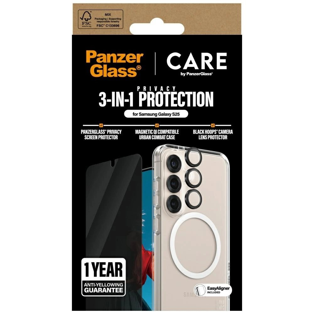 CARE by PanzerGlass Flagship 3in1 Dėklas + Privacy Glass + Lens skirtas Samsung Galaxy S25 3 CARE by PanzerGlass Flagship 3in1 Dėklas + Privacy Glass + Lens skirtas Samsung Galaxy S25 3