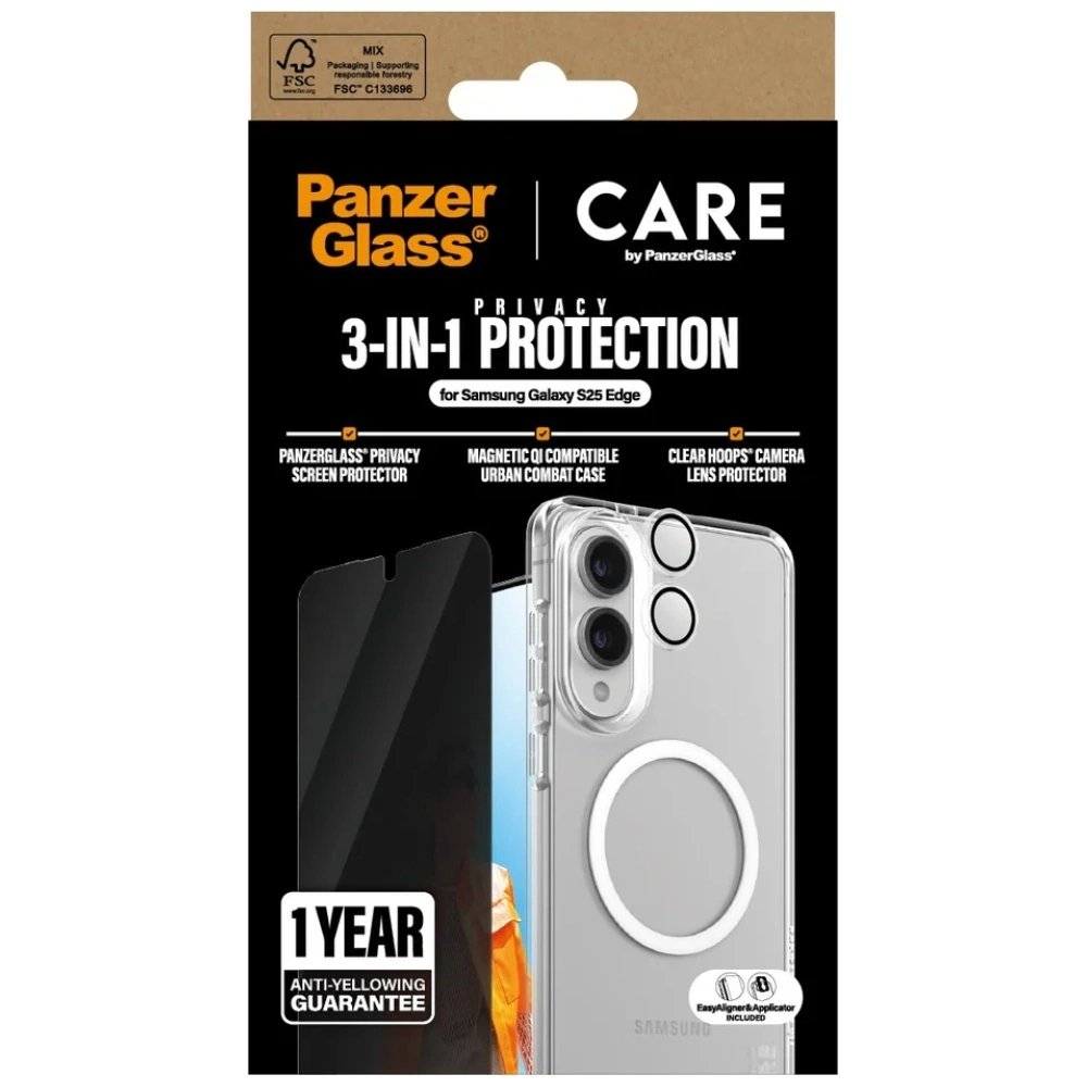 Samsung Galaxy S25 Edge CARE by PanzerGlass Flagship 3in1 dėklas + Privacy stiklas + lęšis - permatomas 3
