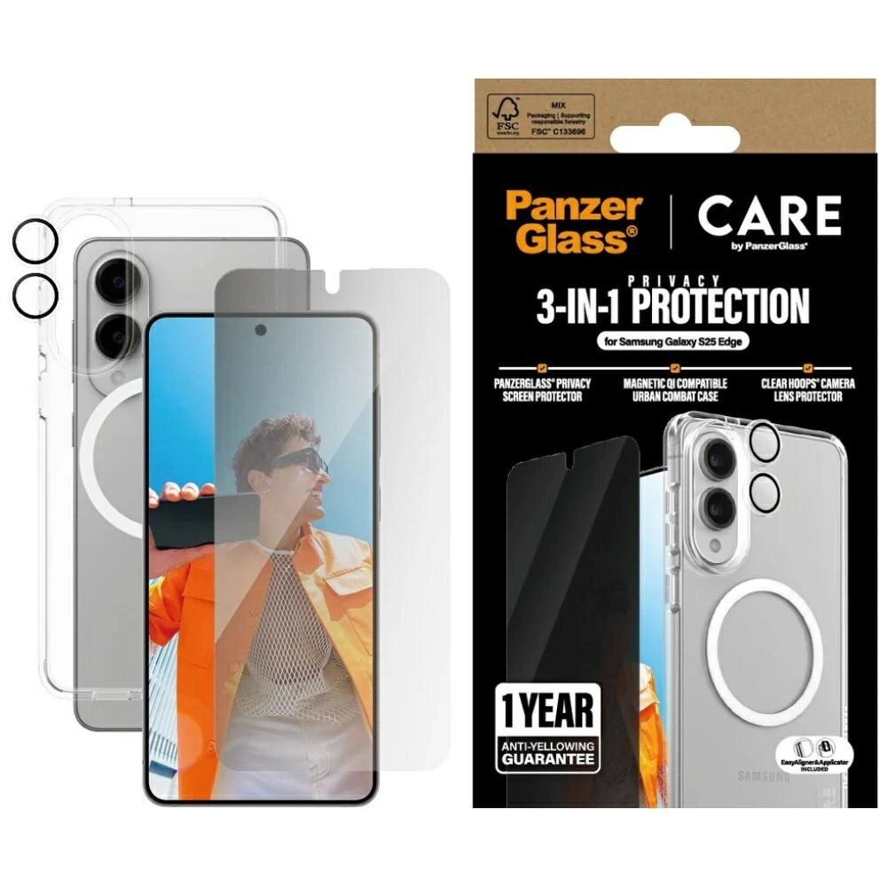 Samsung Galaxy S25 Edge CARE by PanzerGlass Flagship 3in1 dėklas + Privacy stiklas + lęšis - permatomas